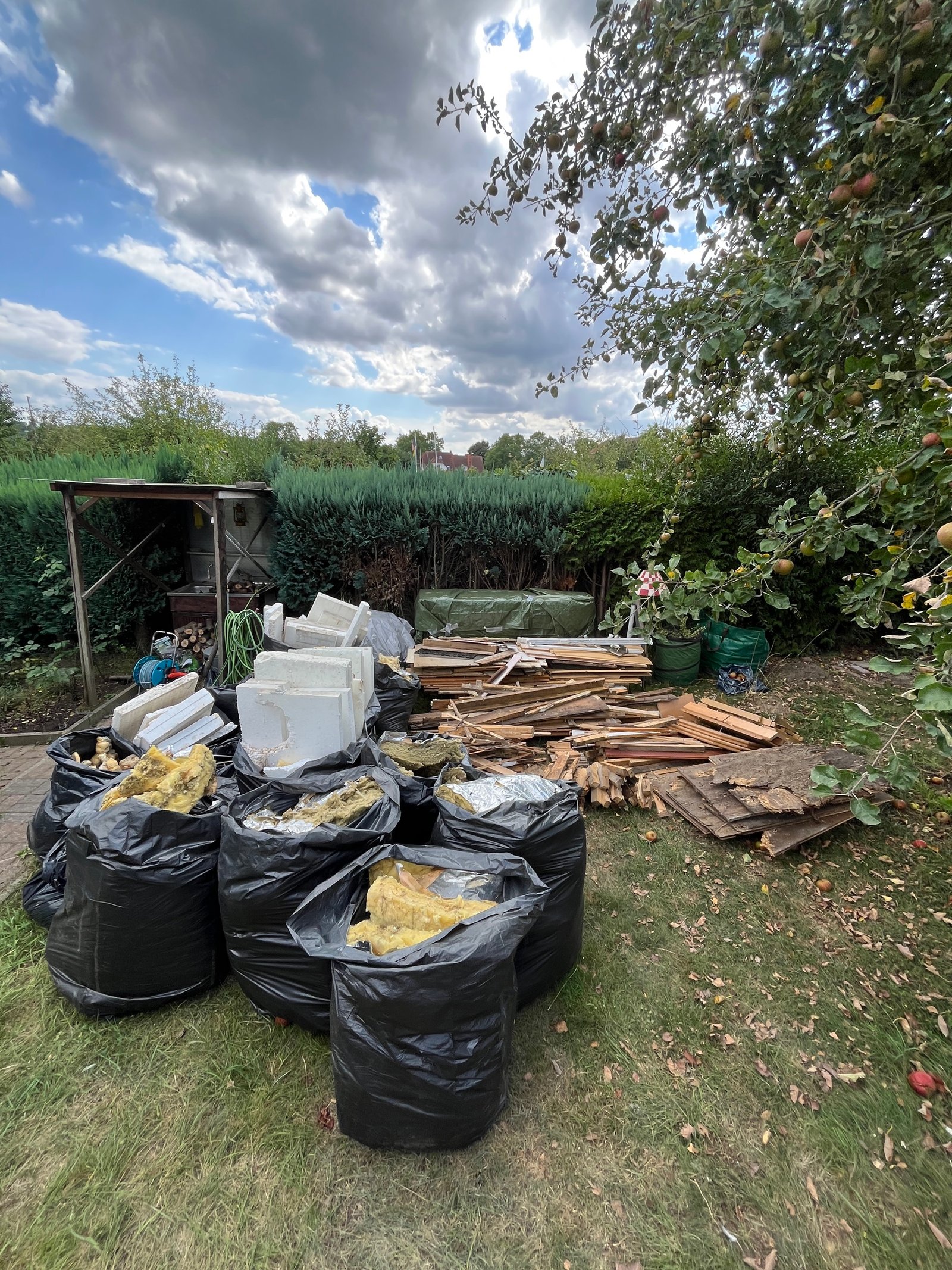 Gartenhaus-Rohbau: Fensterrahmen und Holzständerwerk freigelegt, Sanierungsphase